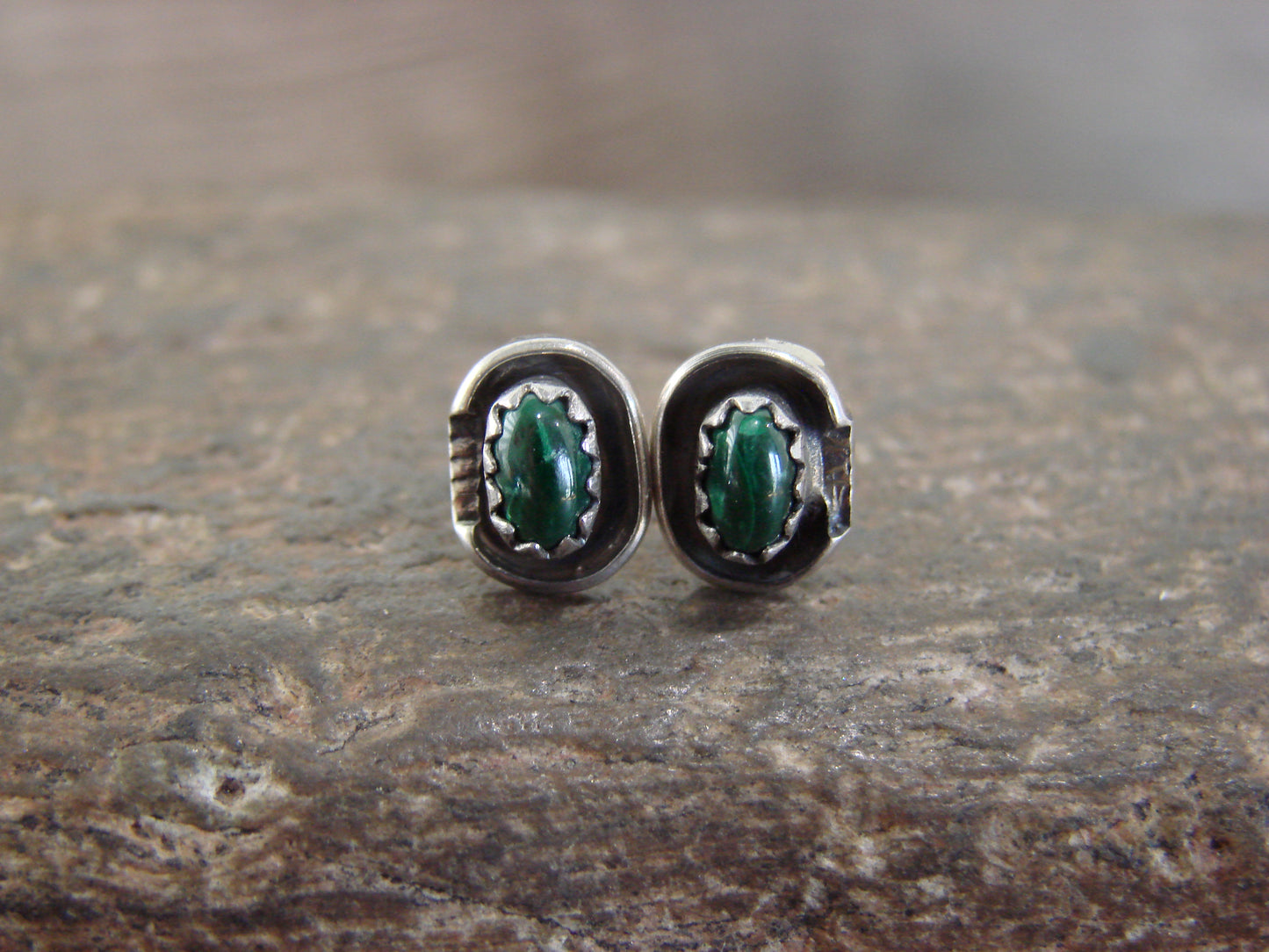 Native American Sterling Silver Handmade Malachite Stud Post Earrings - Spencer