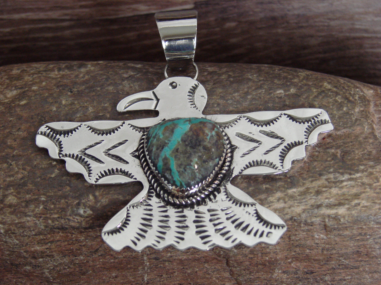 Native American Nickel Silver & Turquoise Thunderbird Pendant - Cleveland