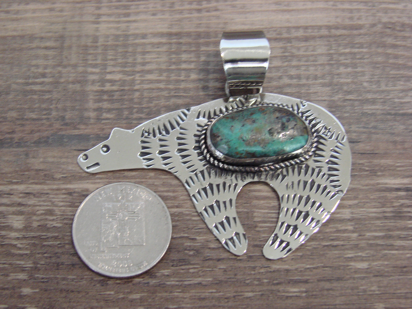 Native American Nickel Silver & Turquoise Bear Pendant - Cleveland