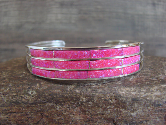 Native American Sterling Silver Pink Opal Inlay 3 Row Bracelet - Johnson