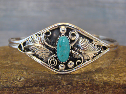 Small Native American Sterling Silver & Turquoise Feather Bracelet Yazzie