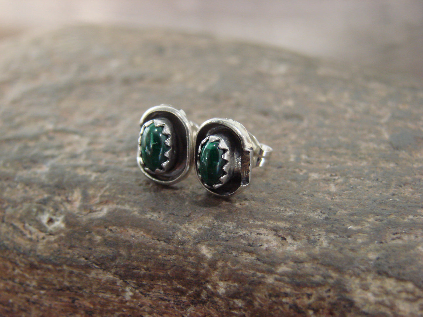 Native American Sterling Silver Handmade Malachite Stud Post Earrings - Spencer