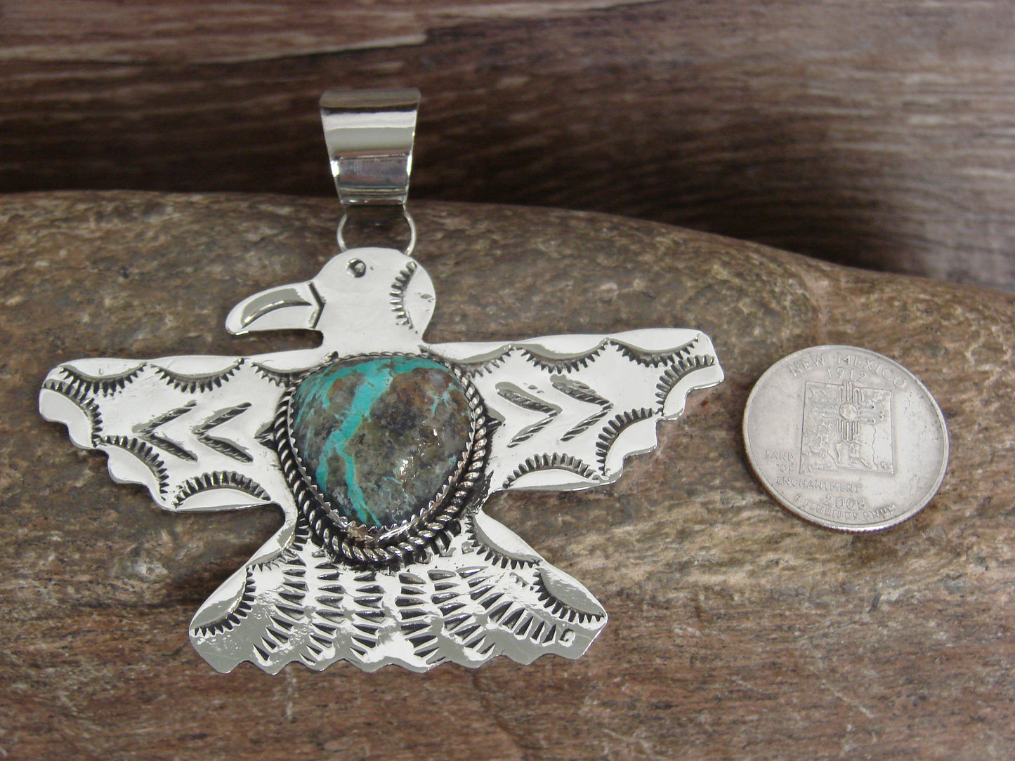 Native American Nickel Silver & Turquoise Thunderbird Pendant - Cleveland