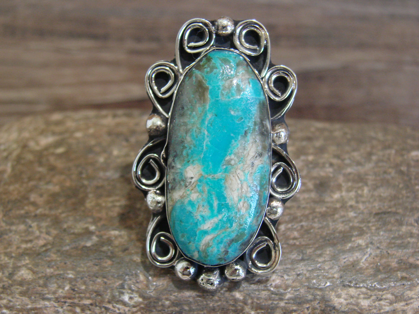 Native American Nickel Silver & Turquoise Ring by Cleveland - Size 10.5