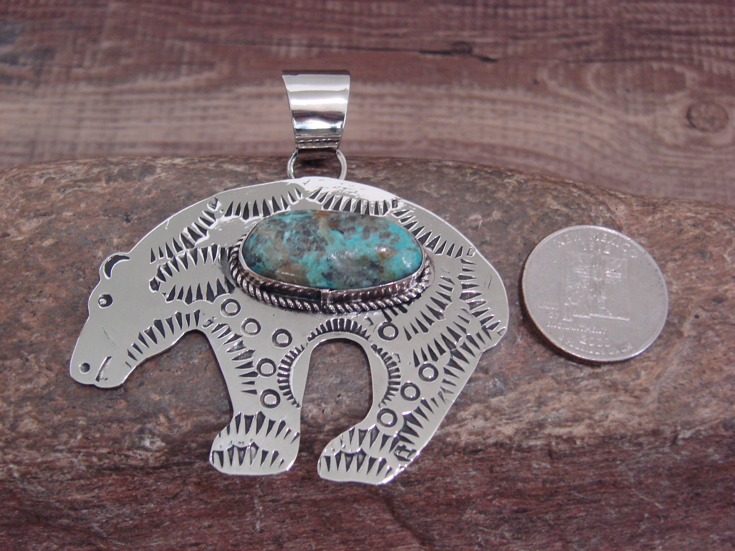 Native American Nickel Silver & Turquoise Bear Pendant - Cleveland
