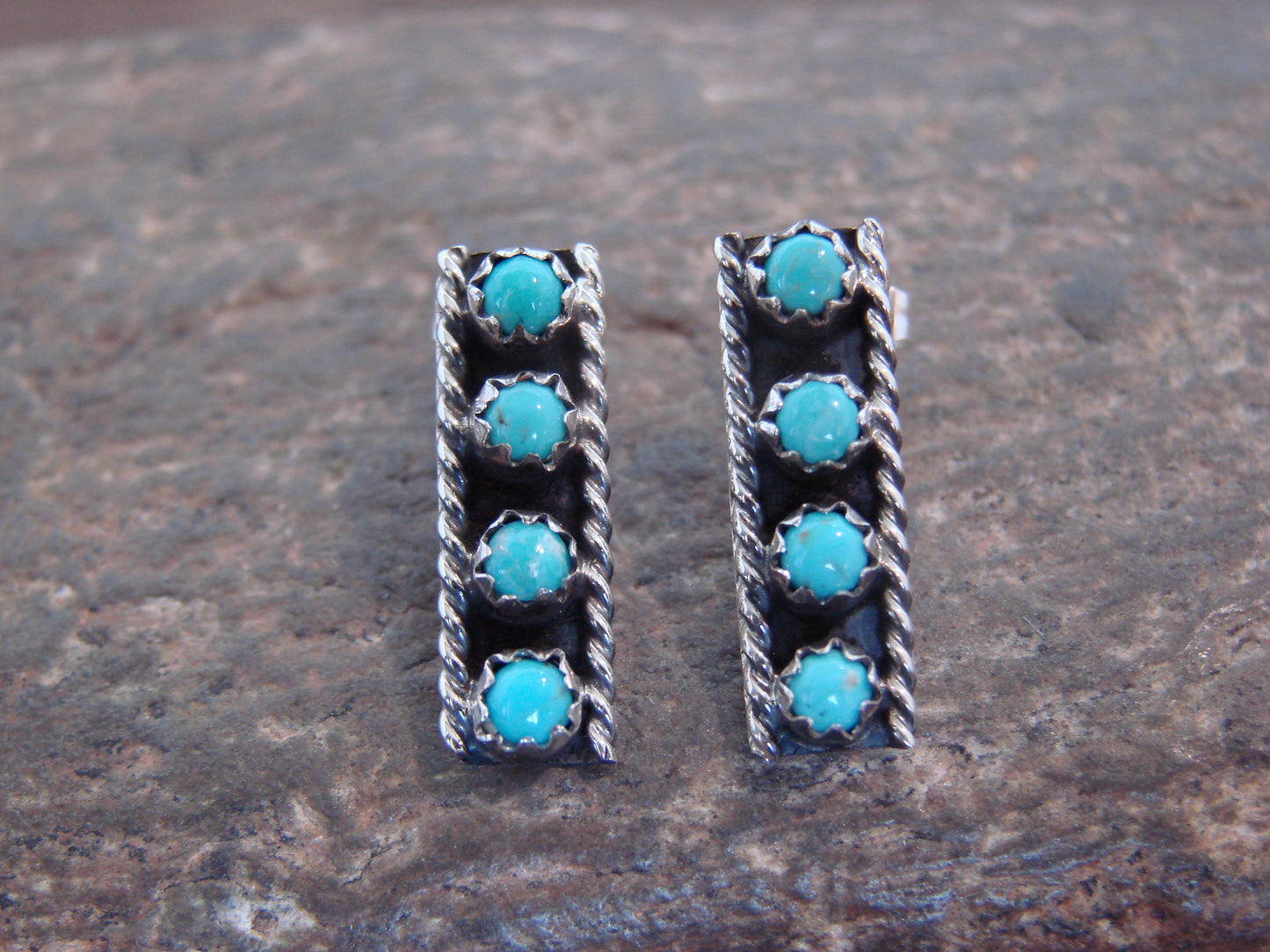 Native American Sterling Silver Handmade Turquoise Row Post Earrings - Spencer