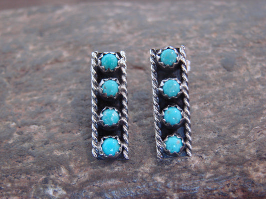 Native American Sterling Silver Handmade Turquoise Row Post Earrings - Spencer