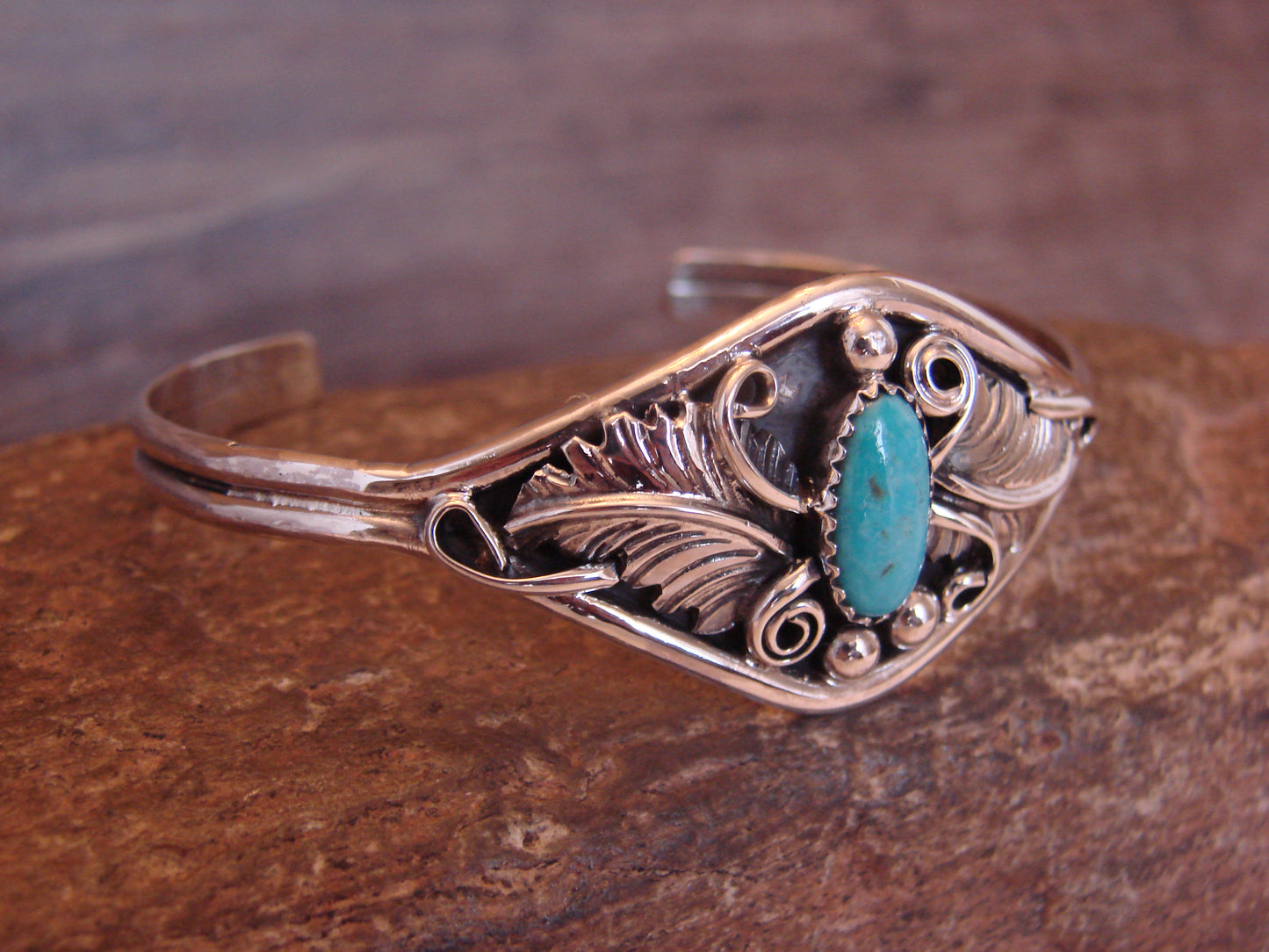 Small Native American Sterling Silver & Turquoise Feather Bracelet Yazzie