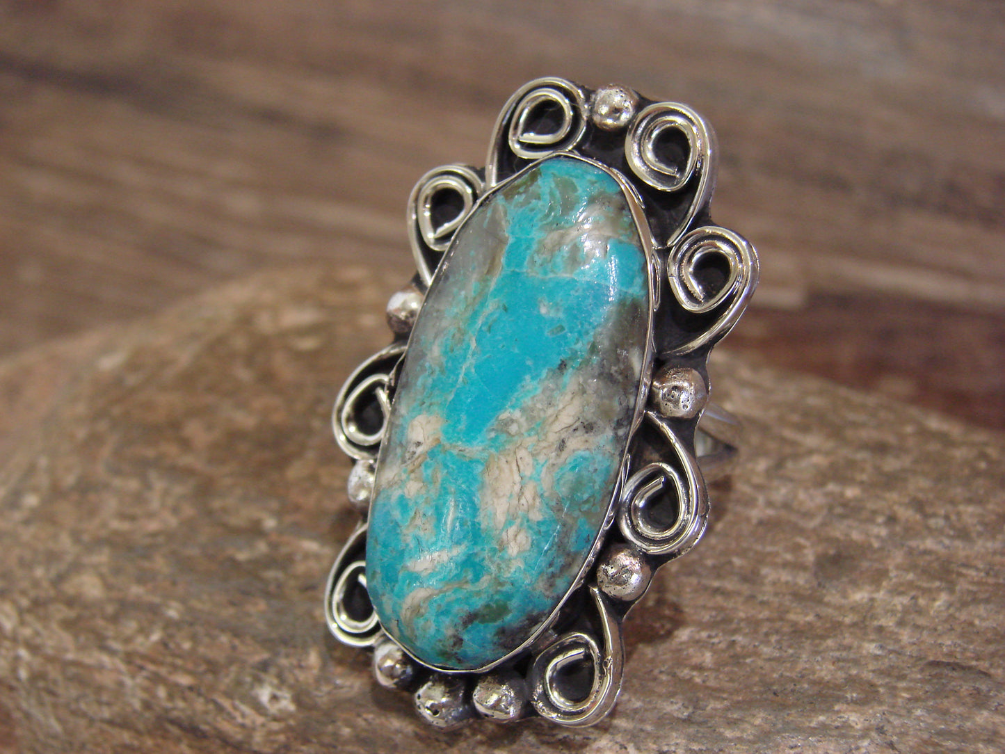 Native American Nickel Silver & Turquoise Ring by Cleveland - Size 10.5