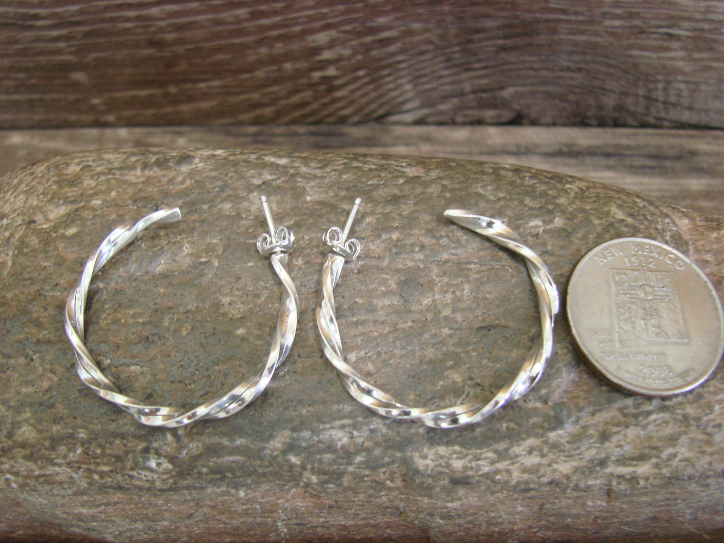 Native American Sterling Silver 1 1/4" Twisted Hoop Earrings by Tahe