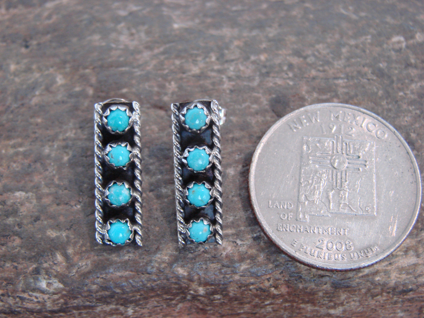 Native American Sterling Silver Handmade Turquoise Row Post Earrings - Spencer