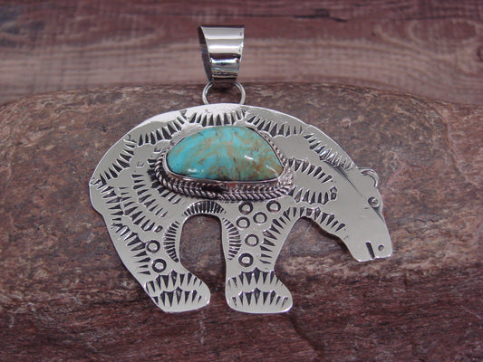 Native American Nickel Silver & Turquoise Bear Pendant - Cleveland