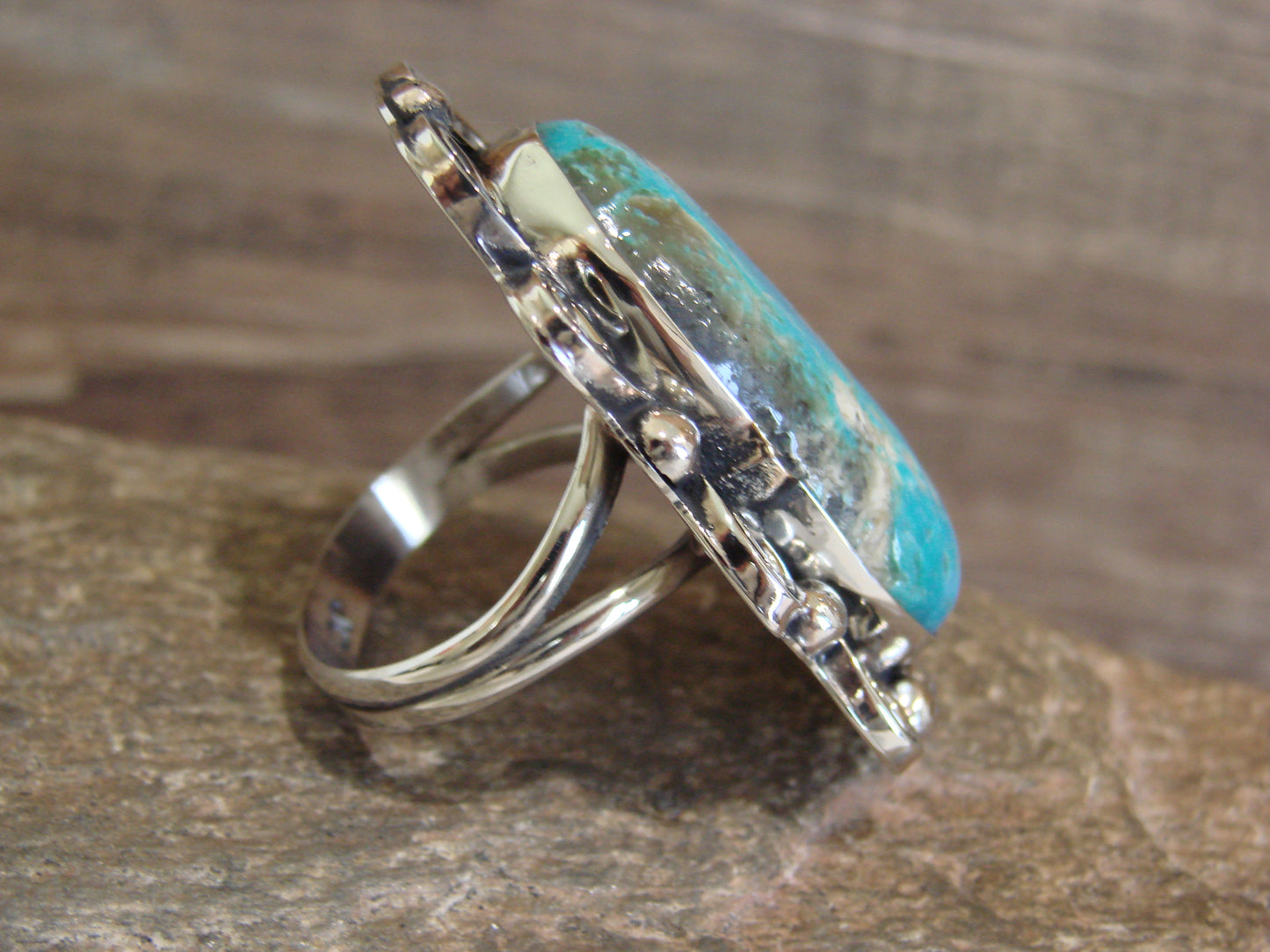 Native American Nickel Silver & Turquoise Ring by Cleveland - Size 10.5