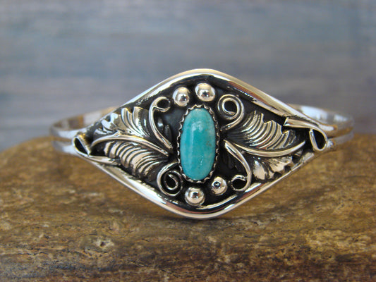 Small Native American Sterling Silver & Turquoise Feather Bracelet Yazzie