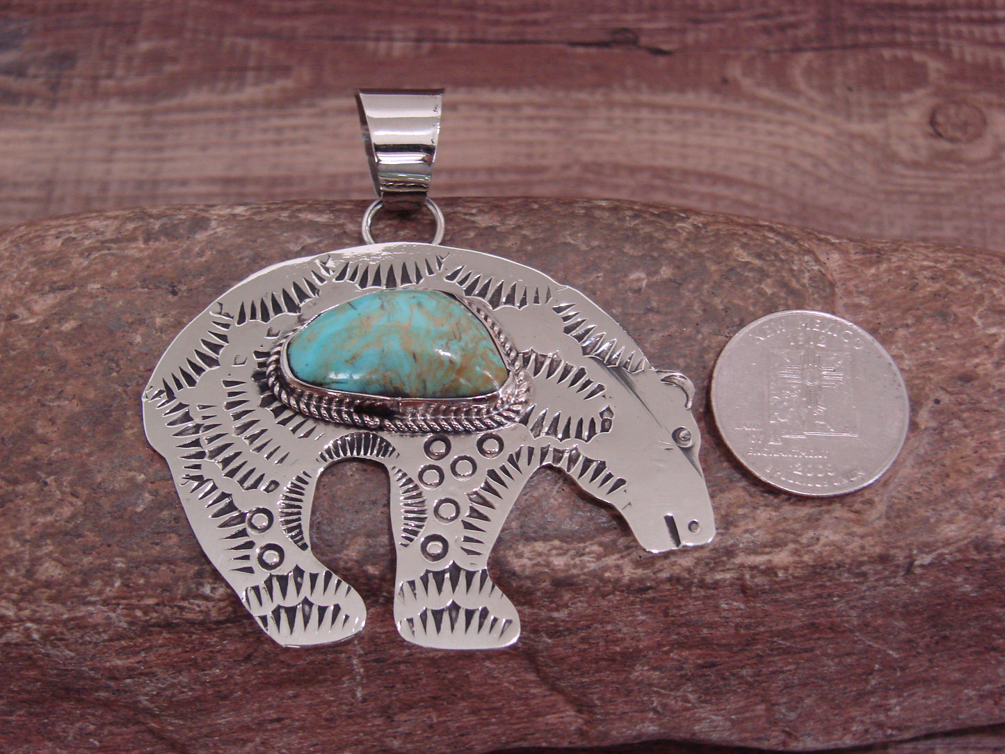 Native American Nickel Silver & Turquoise Bear Pendant - Cleveland