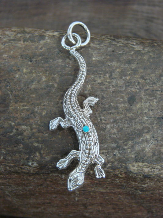 Native American Sterling Silver & Turquoise Lizard Pendant - Laweka