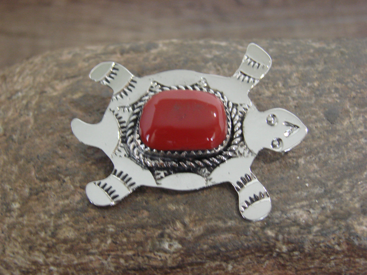 Native American Nickel Silver & Coral Turtle Pin - Cleveland