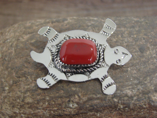 Native American Nickel Silver & Coral Turtle Pin - Cleveland