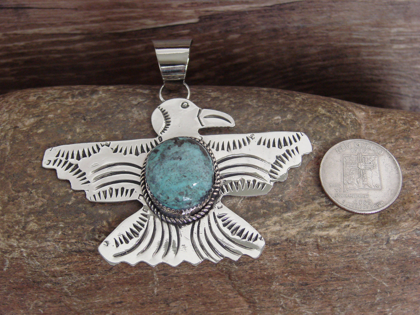 Native American Nickel Silver & Turquoise Thunderbird Pendant - Cleveland