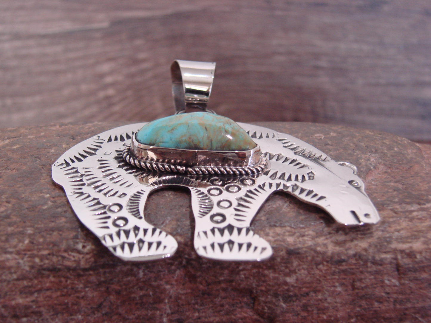 Native American Nickel Silver & Turquoise Bear Pendant - Cleveland