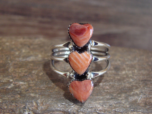 Native American Sterling Silver & Spiny Oyster Heart Ring by P. Smith - Size 9.5