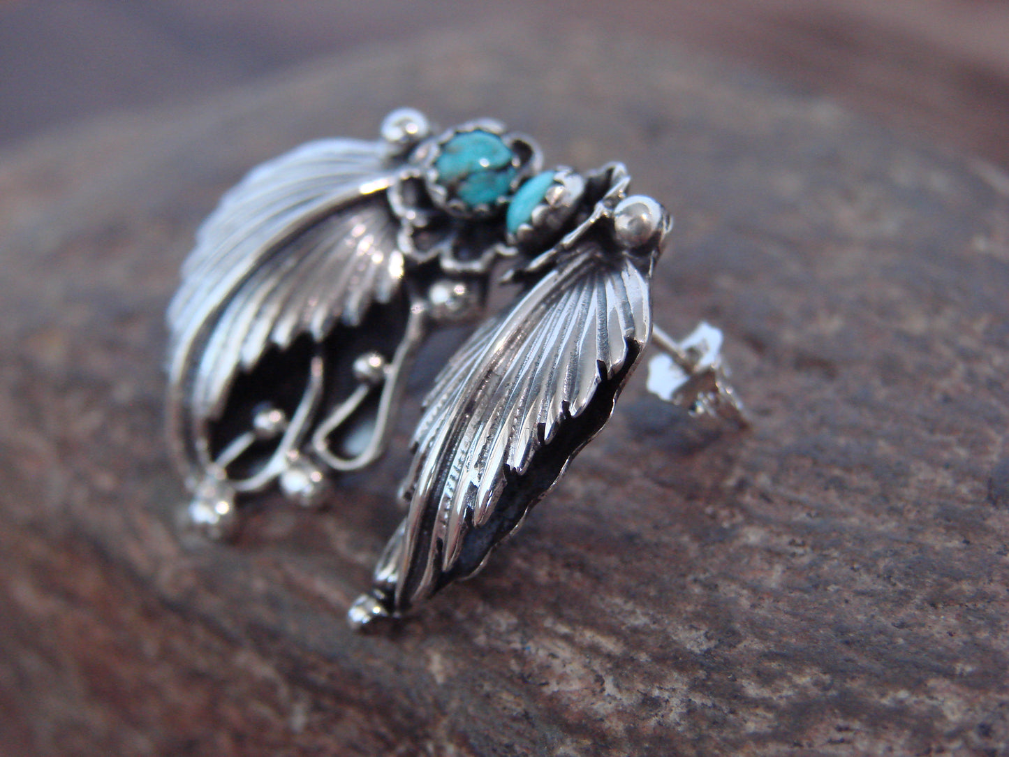 Native American Sterling Silver & Turquoise Post Feather Earrings by Lewis