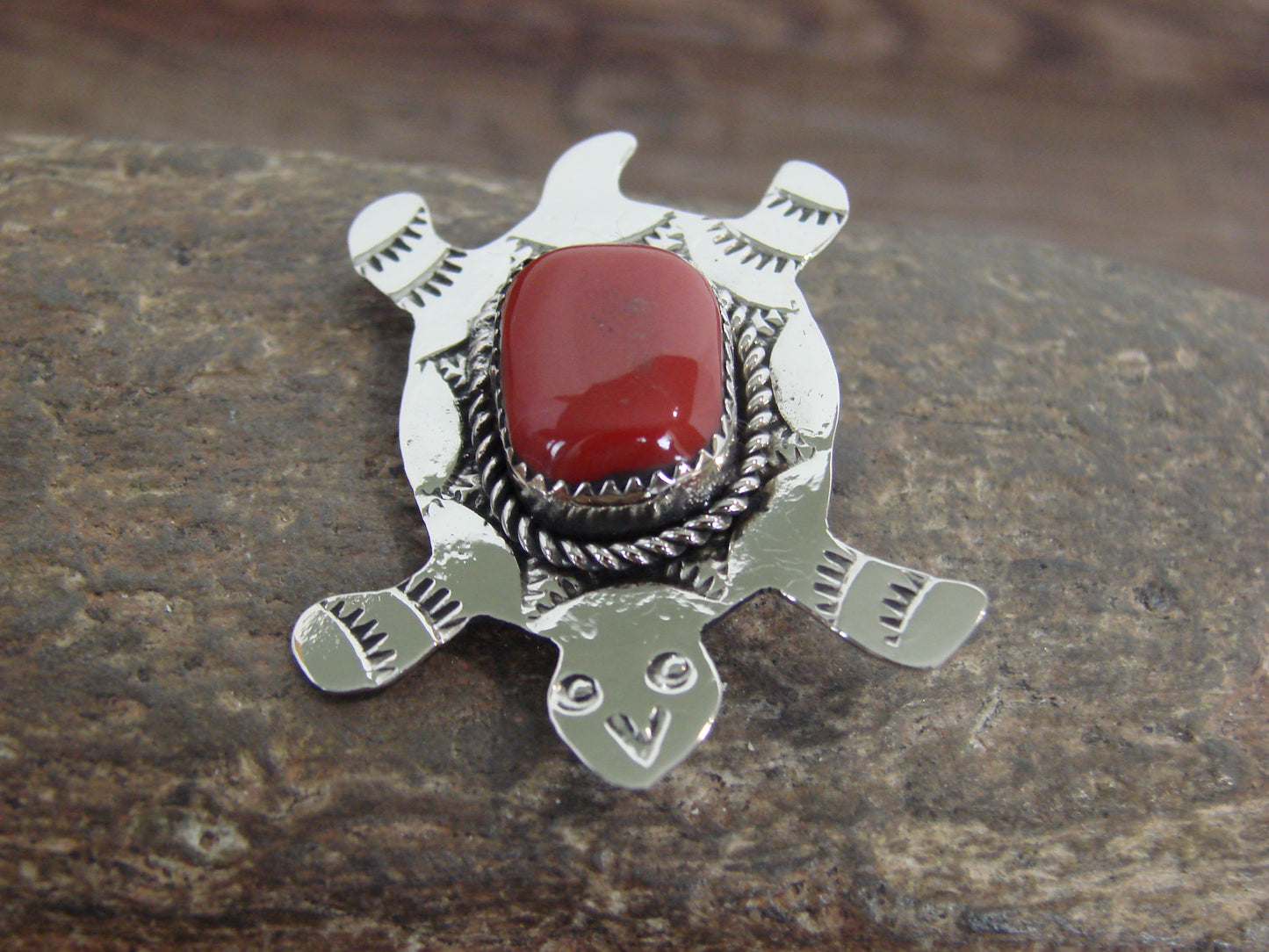 Native American Nickel Silver & Coral Turtle Pin - Cleveland