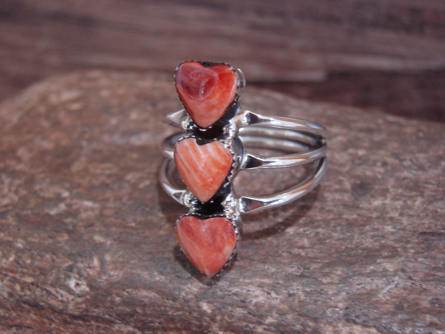 Native American Sterling Silver & Spiny Oyster Heart Ring by P. Smith - Size 9.5