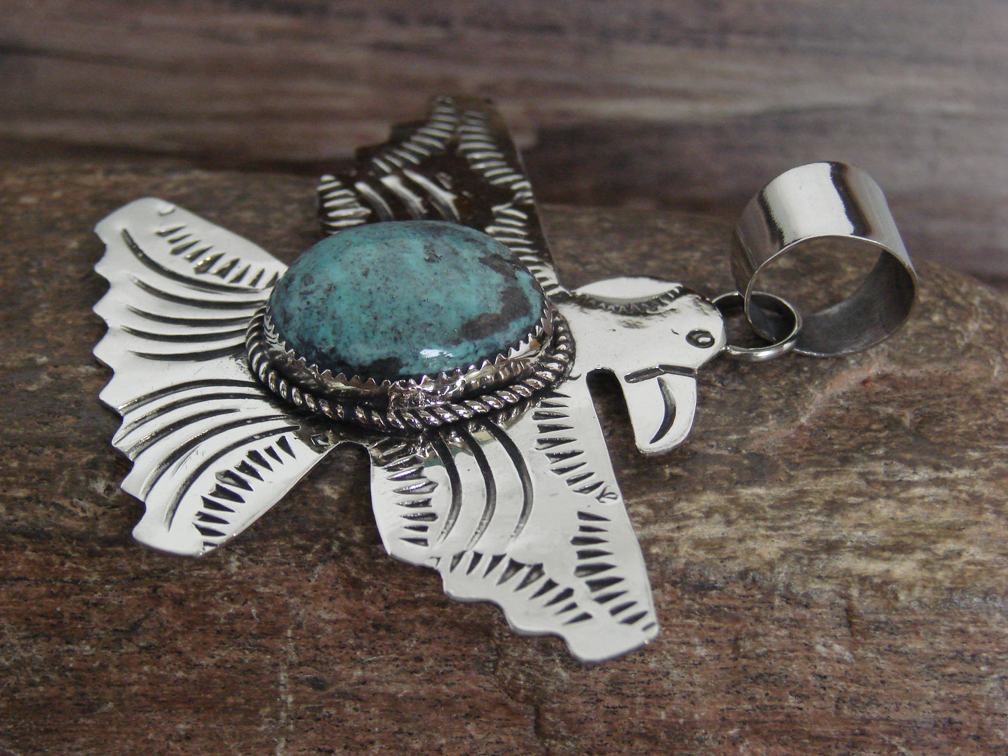 Native American Nickel Silver & Turquoise Thunderbird Pendant - Cleveland