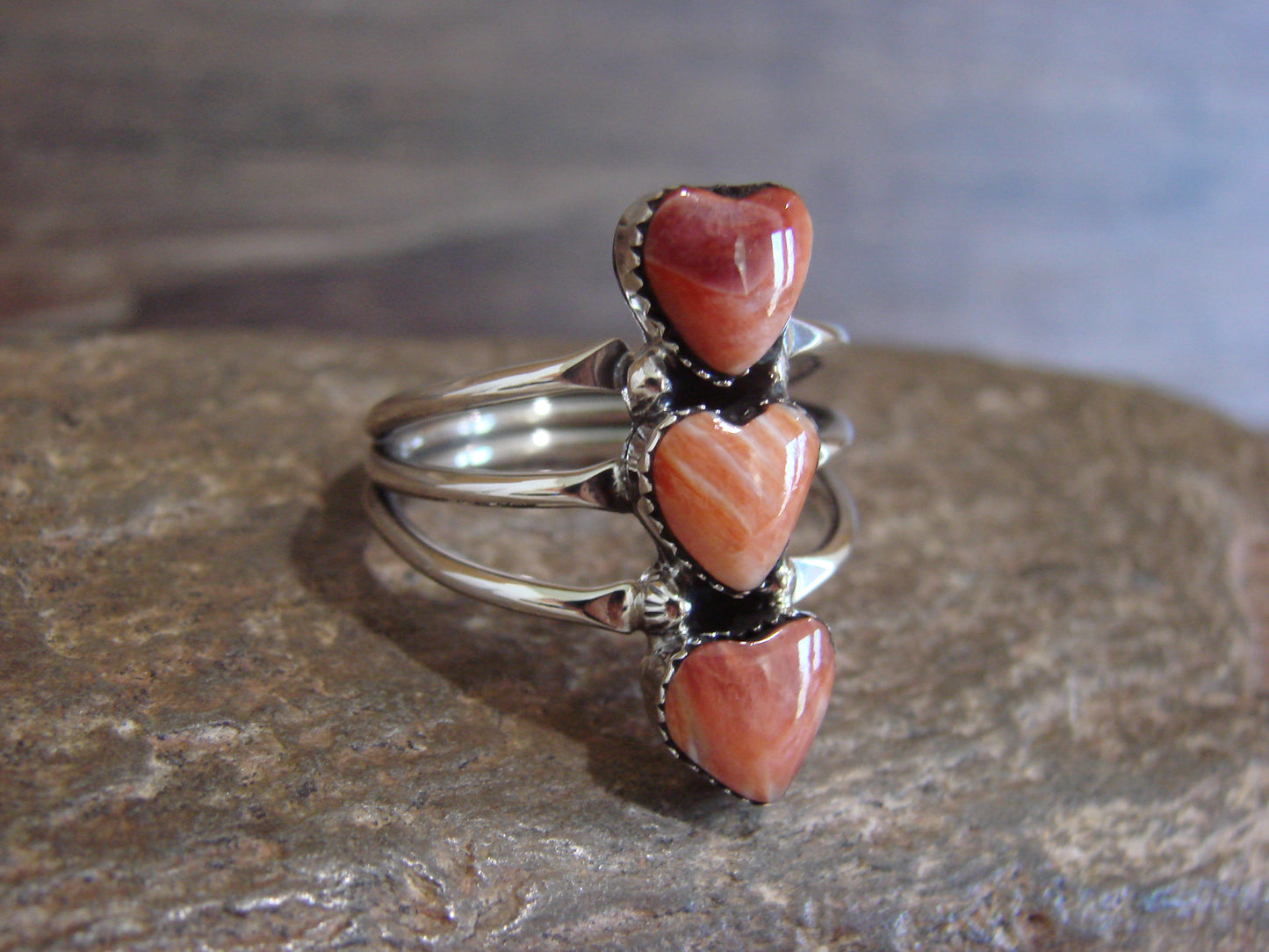 Native American Sterling Silver & Spiny Oyster Heart Ring by P. Smith - Size 9.5