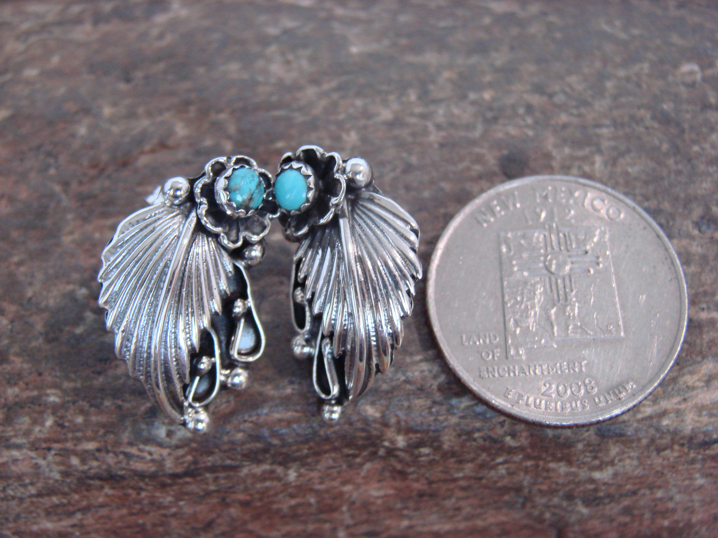 Native American Sterling Silver & Turquoise Post Feather Earrings by Lewis