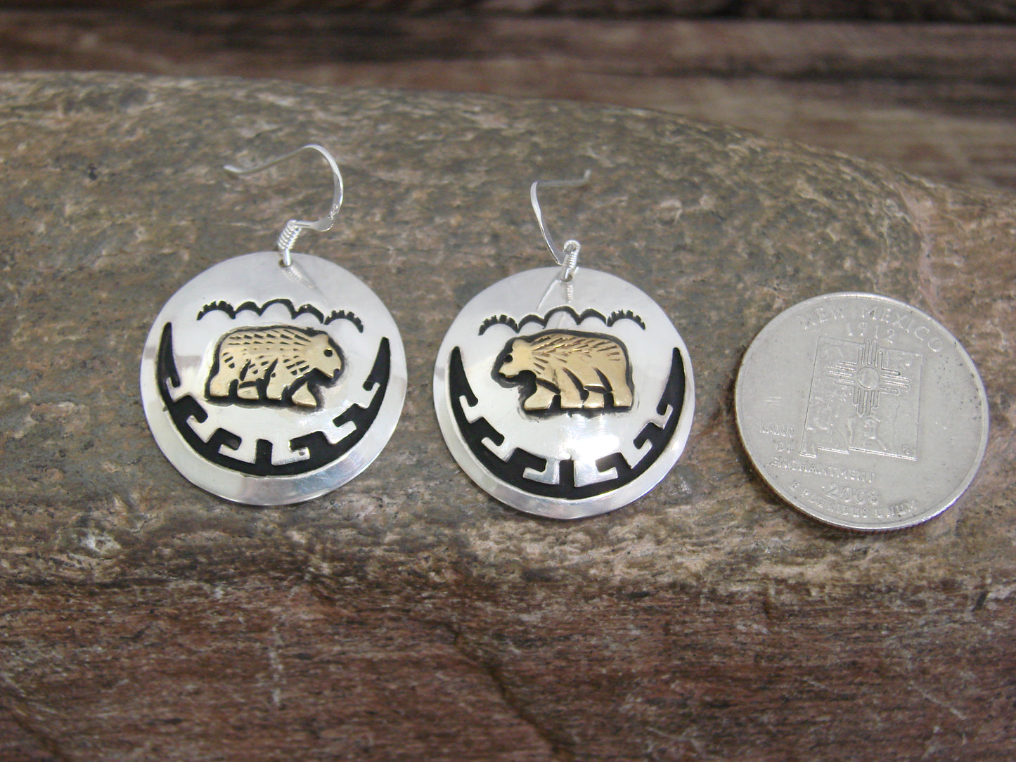 Native American Sterling Silver & Gold Fill Bear Dangle Earrings - Singer
