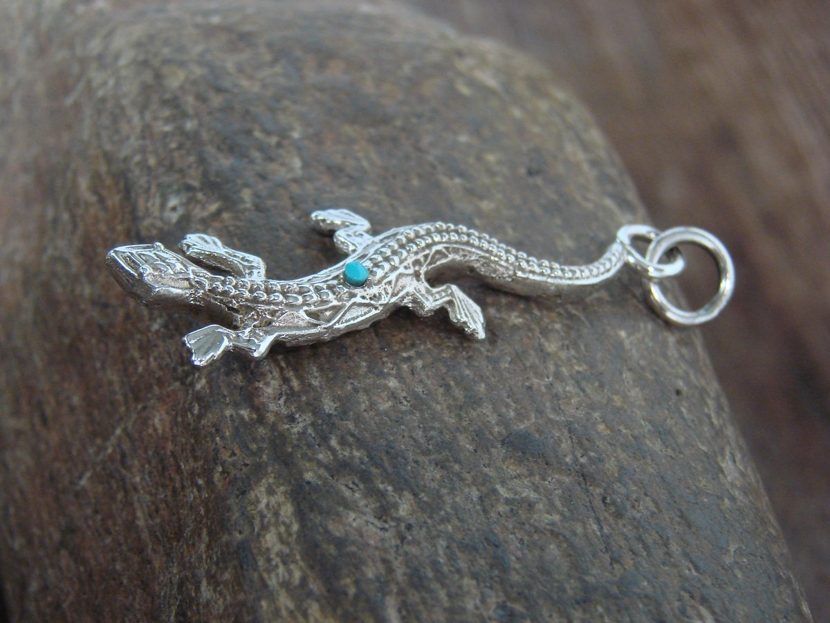 Native American Sterling Silver & Turquoise Lizard Pendant - Laweka