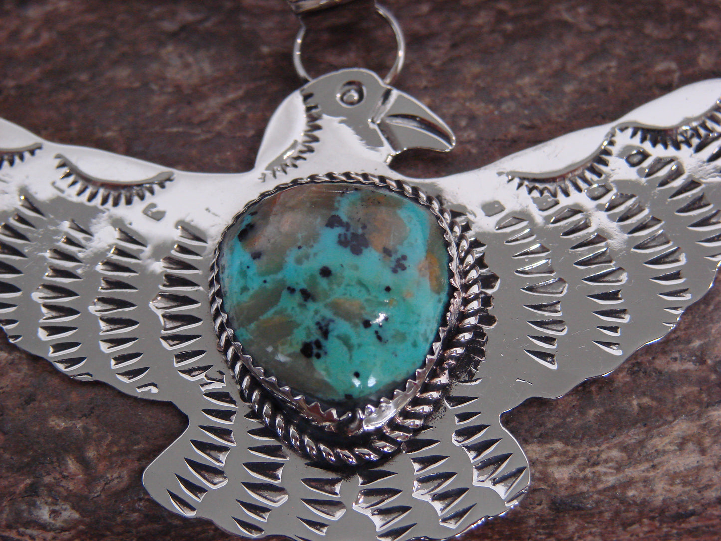 Native American Nickel Silver & Turquoise Eagle Pendant - Cleveland