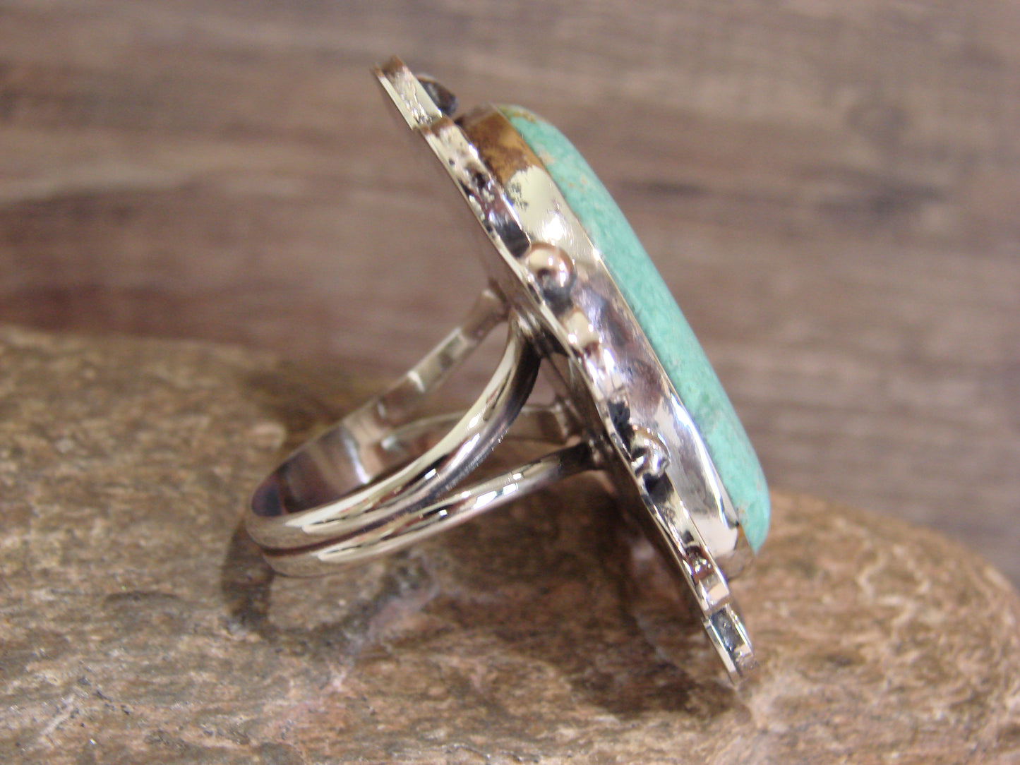 Native American Nickel Silver & Turquoise Ring by Cleveland - Size 10.5