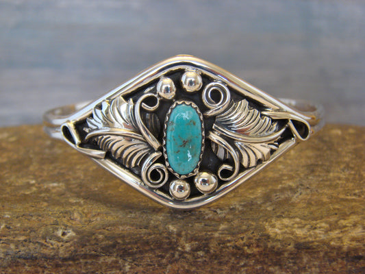 Small Native American Sterling Silver & Turquoise Feather Bracelet Yazzie