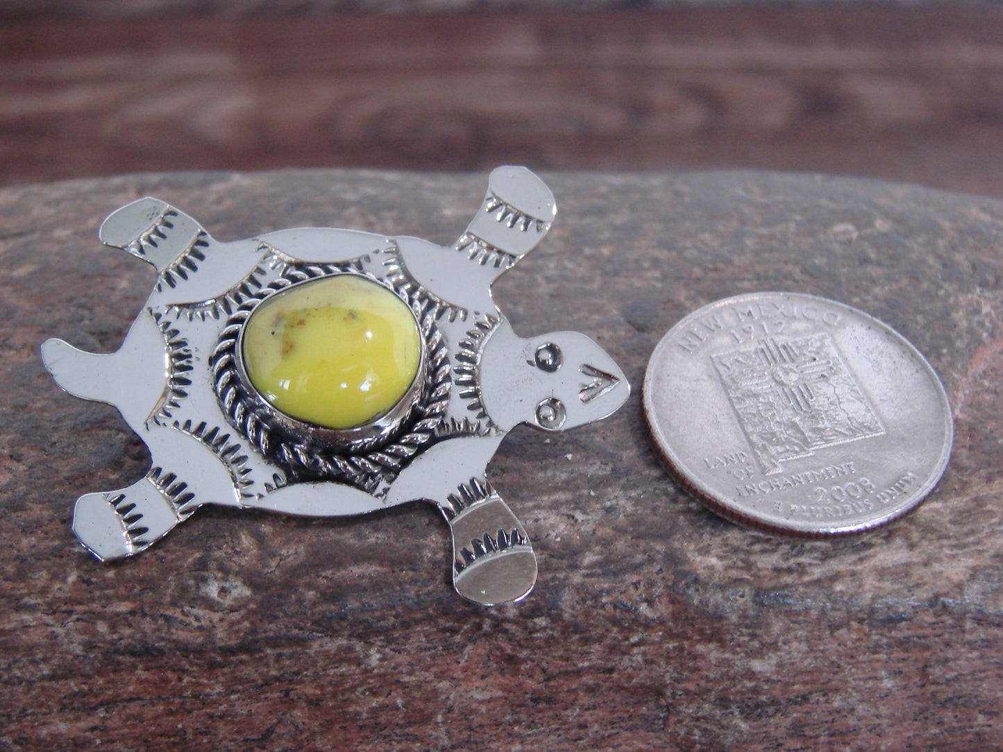 Native American Nickel Silver & Yellow Marble Turtle Pin - Cleveland