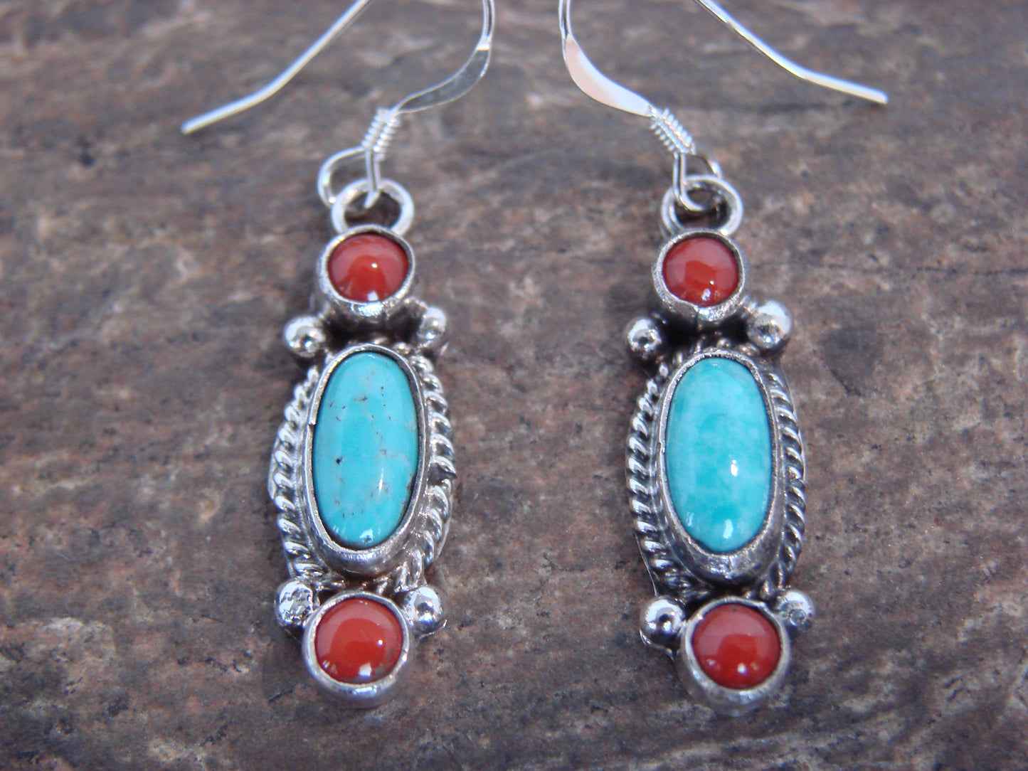 Native American Sterling Silver Turquoise & Coral Dangle Earrings by Betone