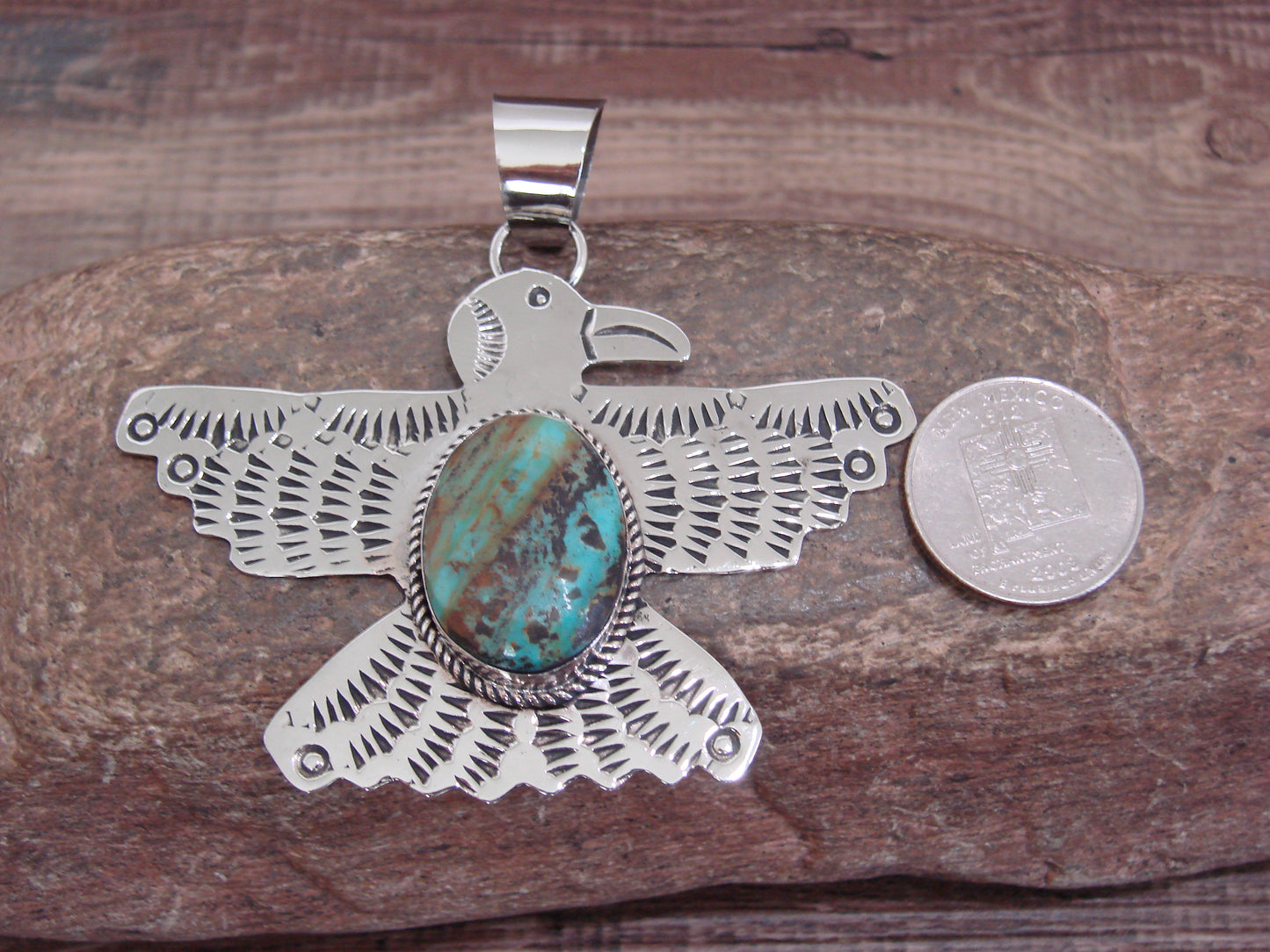 Native American Nickel Silver & Turquoise Eagle Pendant - Cleveland