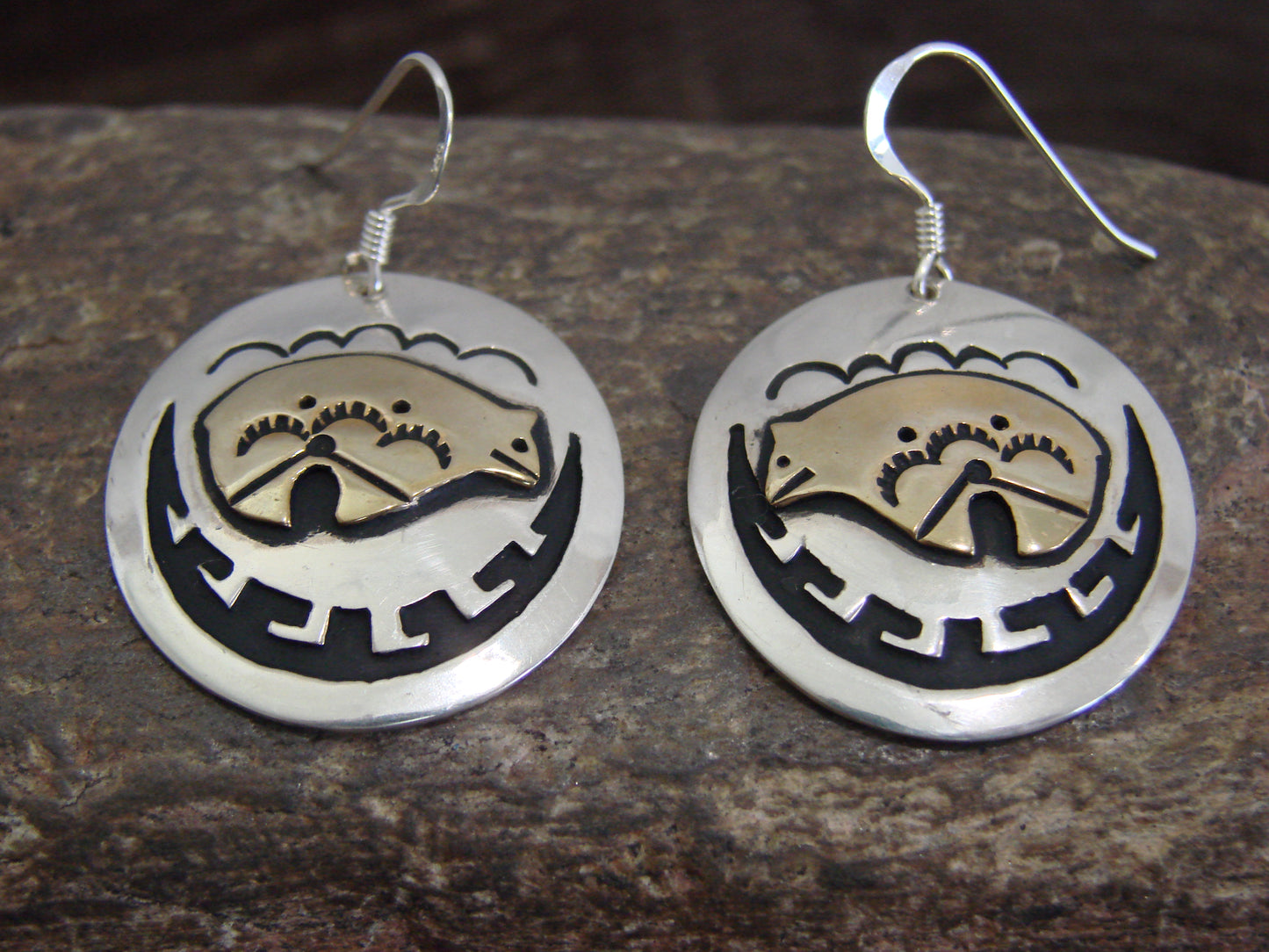 Native American Sterling Silver & Gold Fill Bear Dangle Earrings - Singer