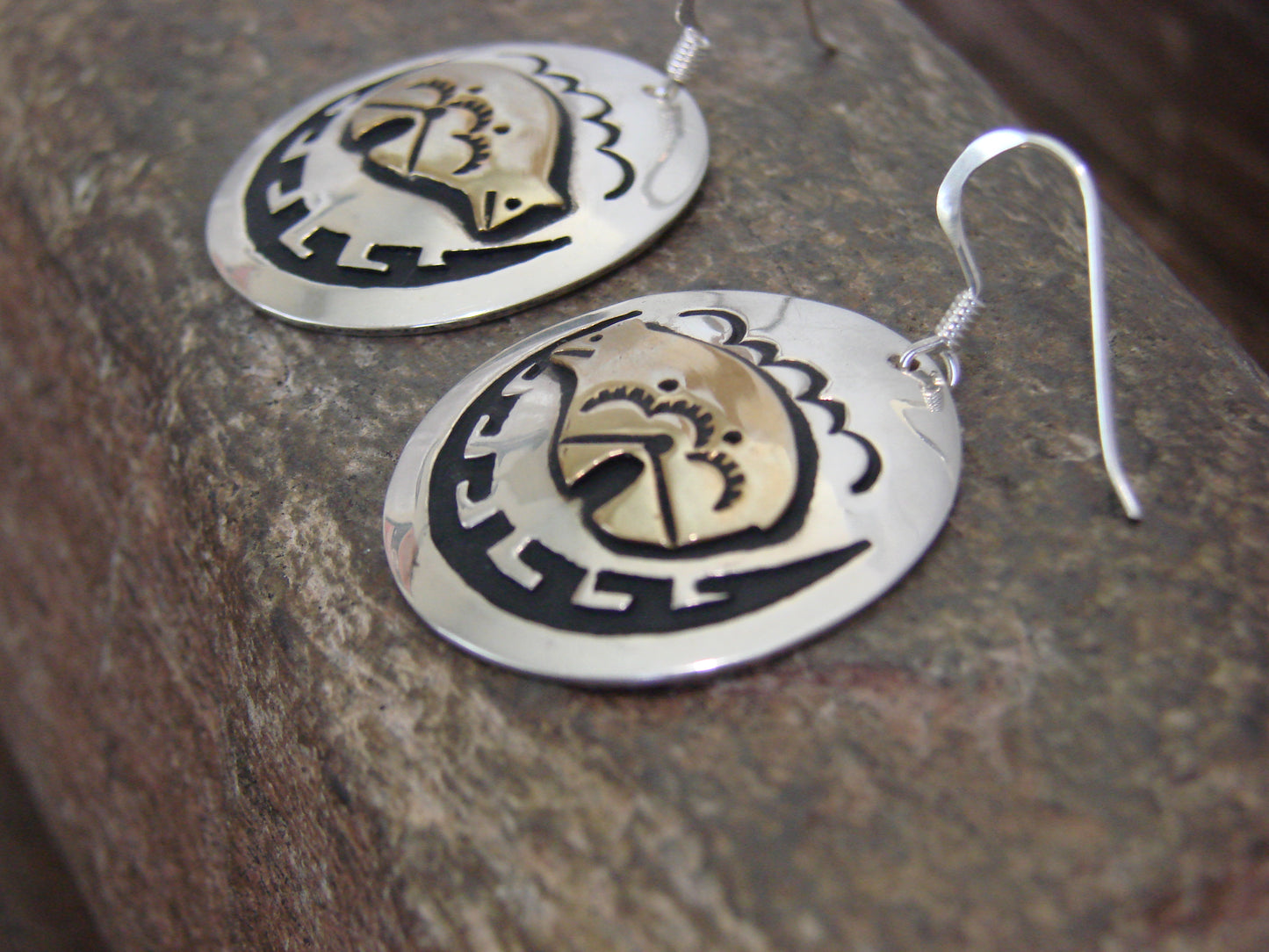 Native American Sterling Silver & Gold Fill Bear Dangle Earrings - Singer