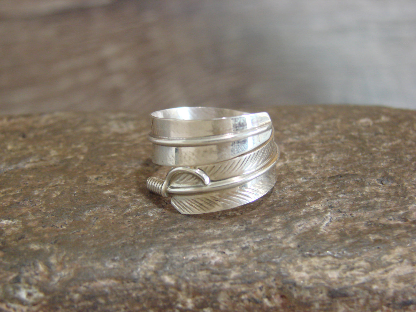 Native American Sterling Silver Adjustable Feather Ring Signed Davis
