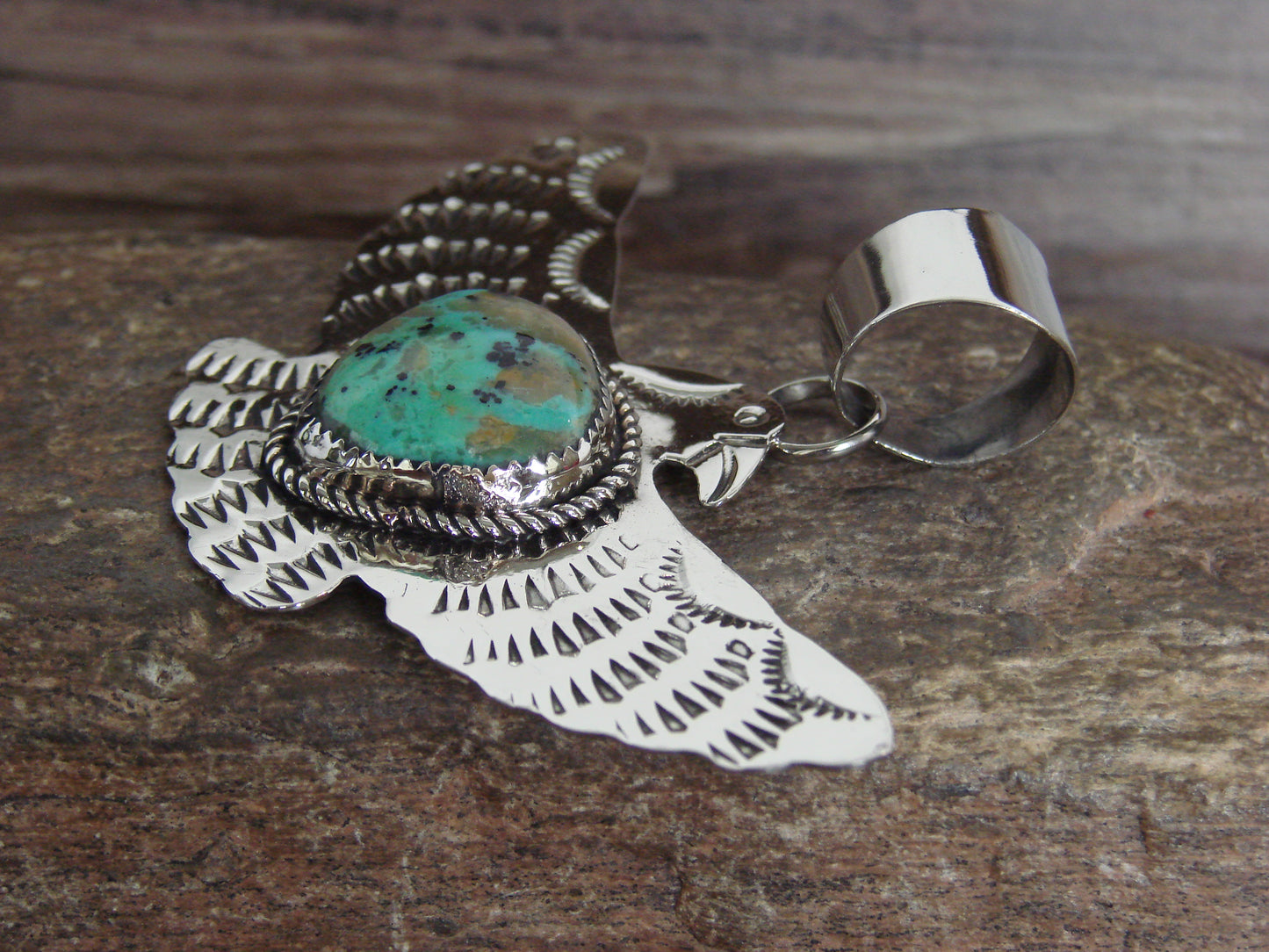 Native American Nickel Silver & Turquoise Eagle Pendant - Cleveland