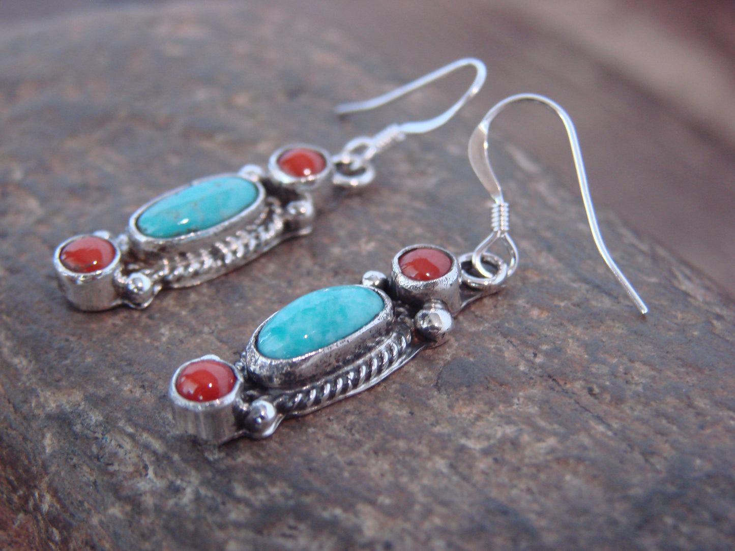 Native American Sterling Silver Turquoise & Coral Dangle Earrings by Betone