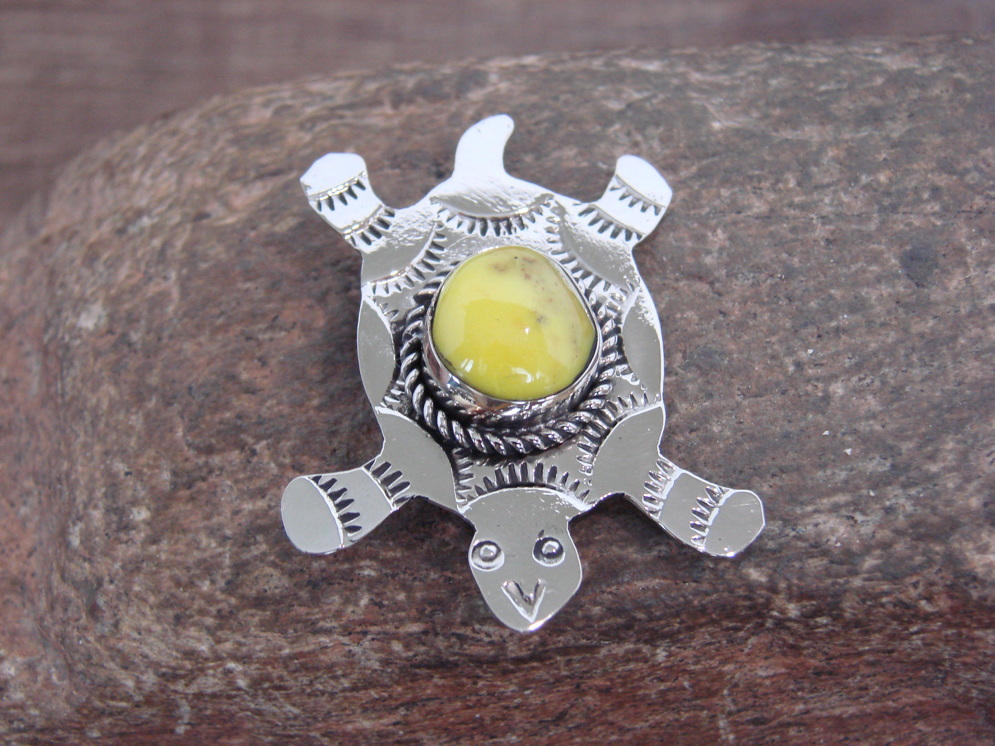 Native American Nickel Silver & Yellow Marble Turtle Pin - Cleveland