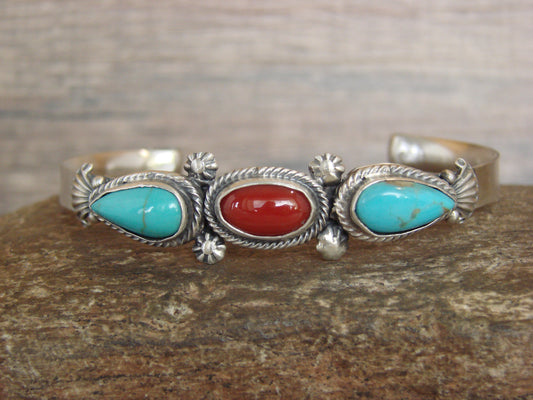 Native American Sterling Silver Turquoise & Coral Row Bracelet by Yazzie