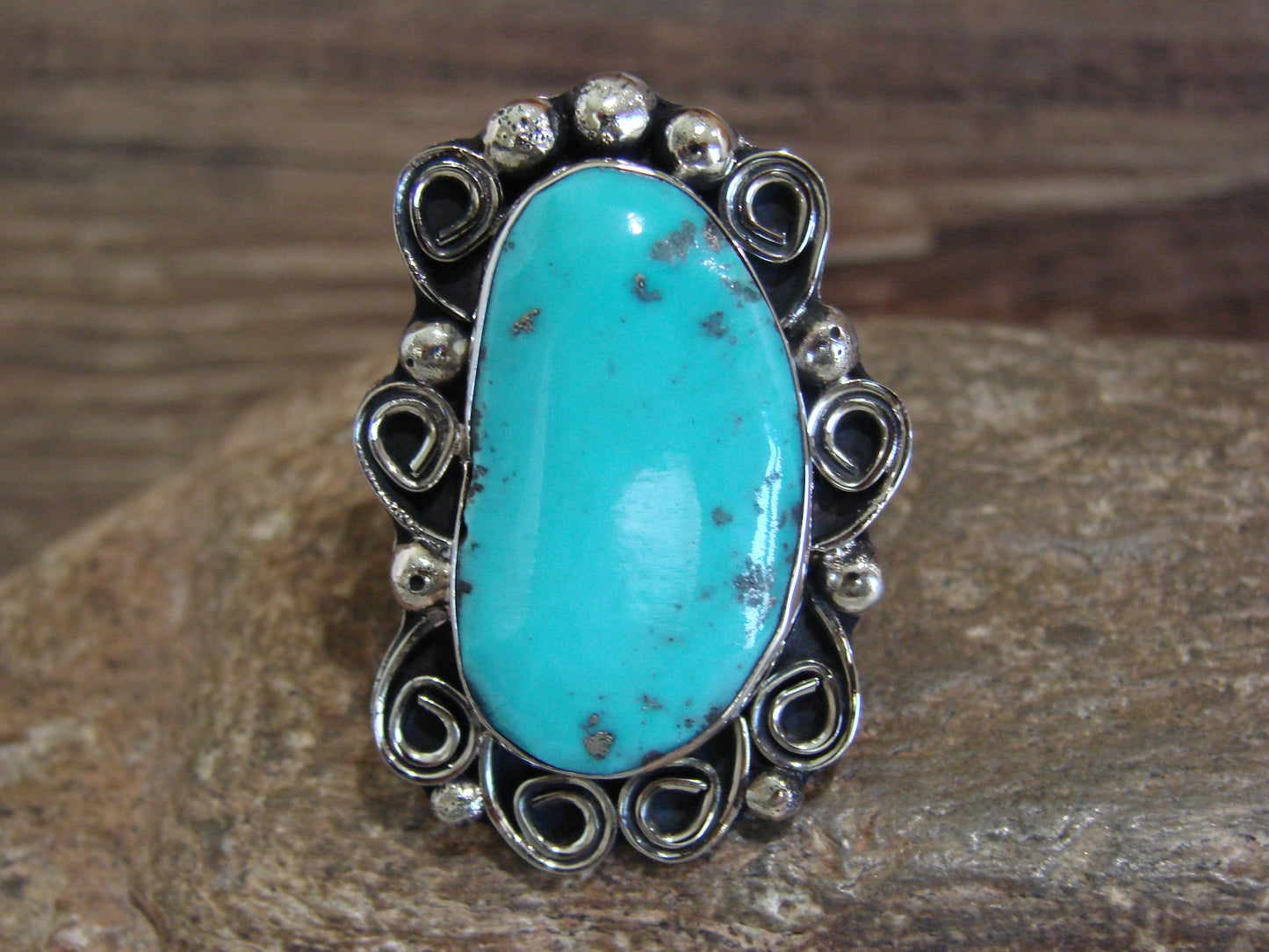 Native American Nickel Silver & Turquoise Ring by Cleveland - Size 10.5