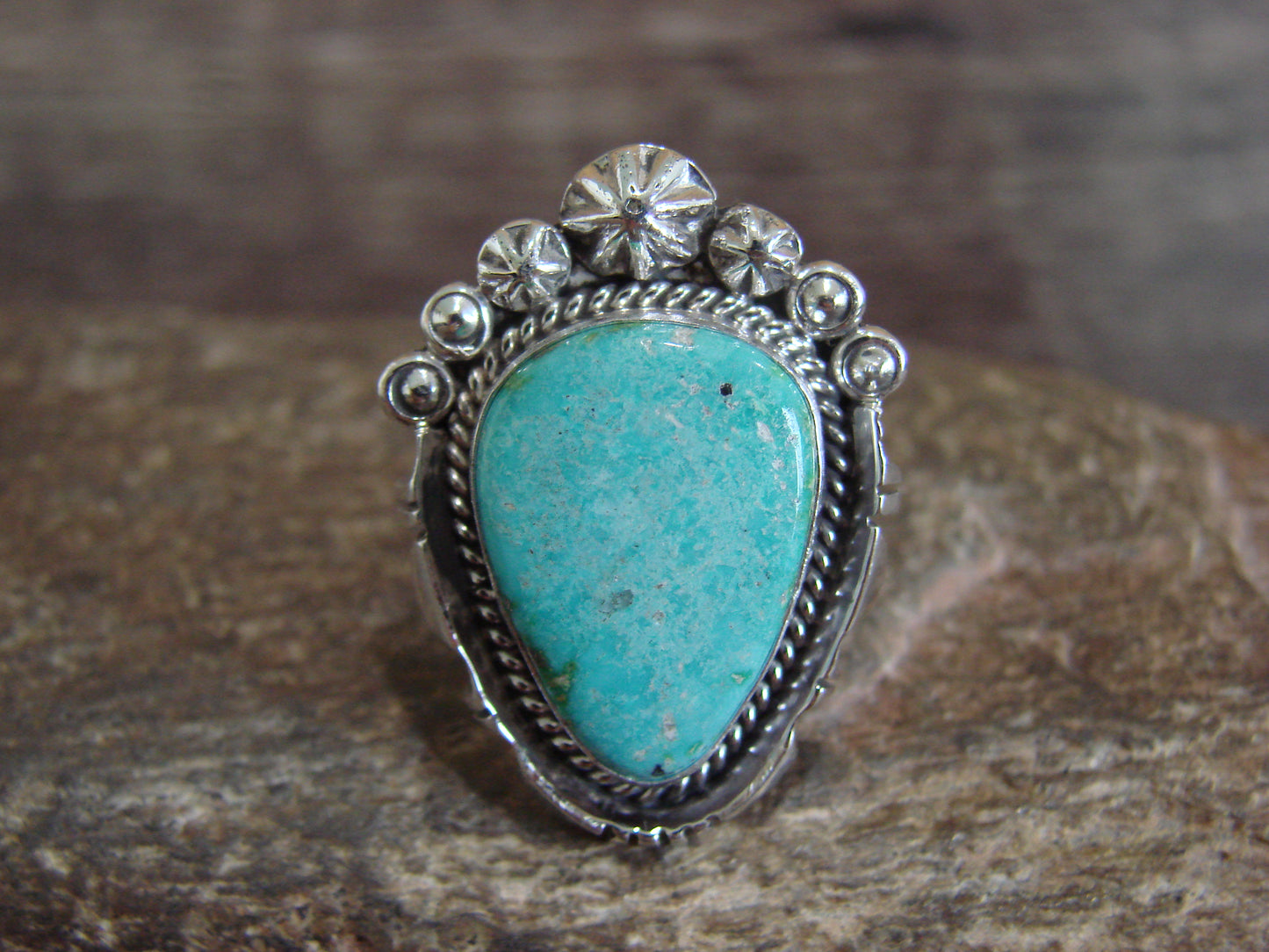 Native American Sterling Silver & Sonoran Turquoise Ring by Benally - Size 7