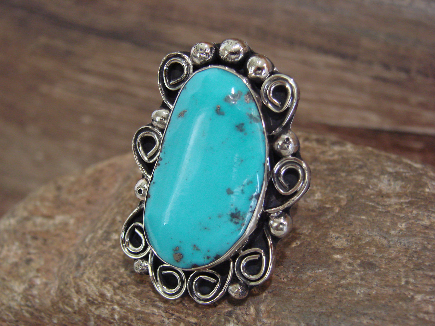 Native American Nickel Silver & Turquoise Ring by Cleveland - Size 10.5