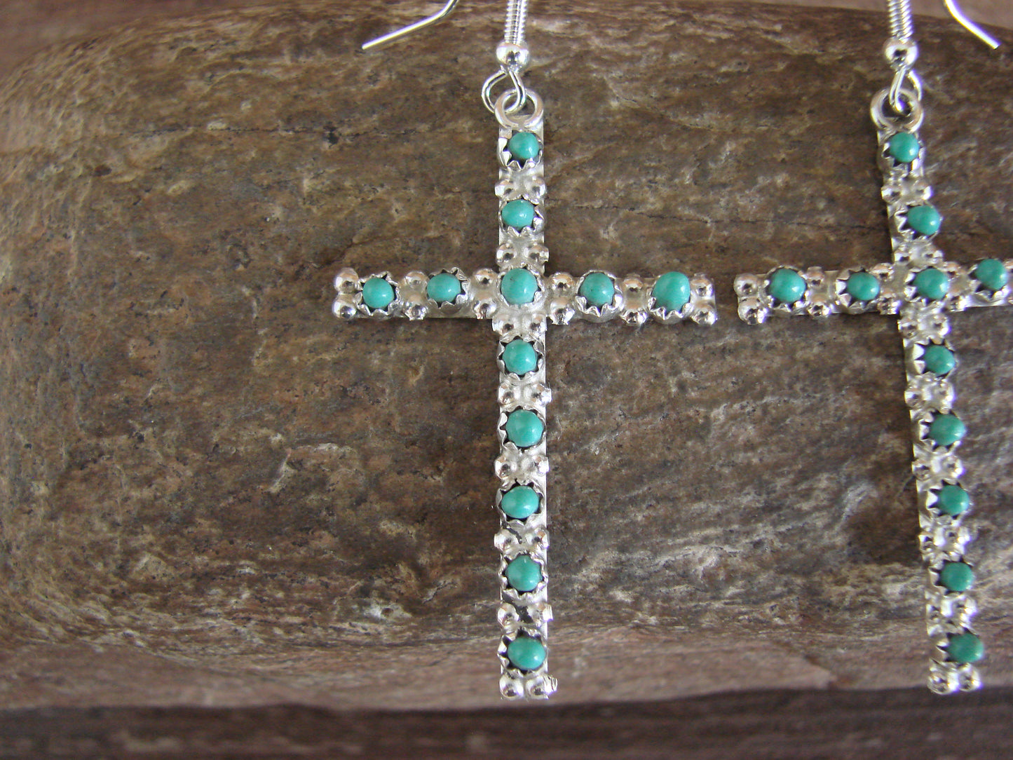 Native American Sterling Silver Turquoise Cross Dangle Earrings By Kaammasee